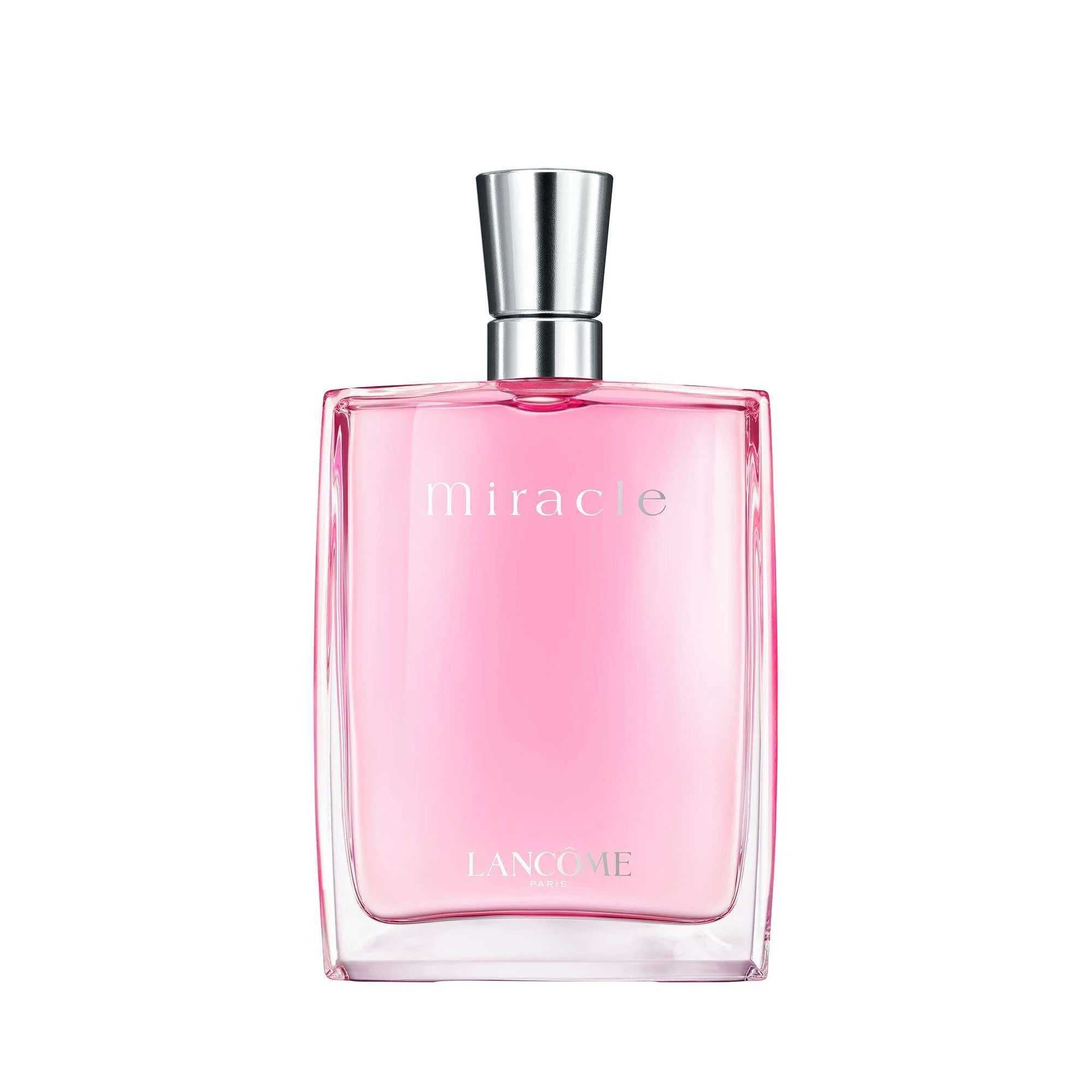 Lancome Miracle Eau de Parfum 100ml bottle with sleek silver cap and pink fragrance, a fresh and feminine scent for women.