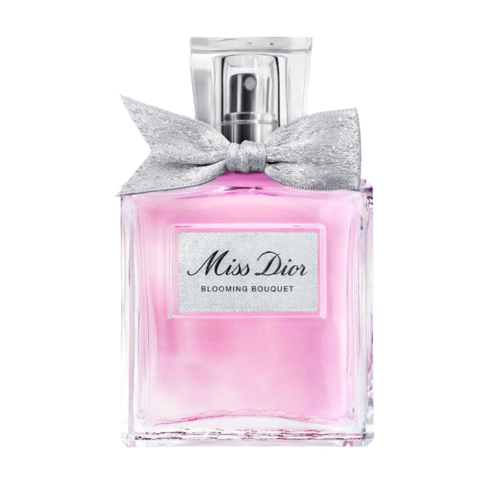 Miss Dior Blooming Bouquet EDT 100ml perfume bottle with pink fragrance and silver bow, ideal for women seeking a romantic floral scent.