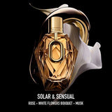 Rabanne Million Gold For Her – Eau de Parfum (90ml) showcased with floral and golden elements, highlighting its solar, sensual scent with rose and musk notes.