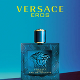 Versace Eros Eau de Toilette 100ml showcased with bold branding, highlighting luxury men's fragrance in premium perfume collection.