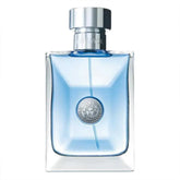 Versace Pour Homme Eau de Toilette 100ml bottle with sleek silver cap and light blue fragrance, showcasing Mediterranean elegance for men.