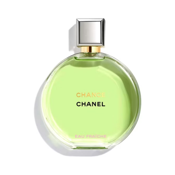 Chanel Chance Eau Fraiche EDP 100ml perfume bottle with light green liquid and sleek silver cap, ideal for fresh, long-lasting women's fragrance.