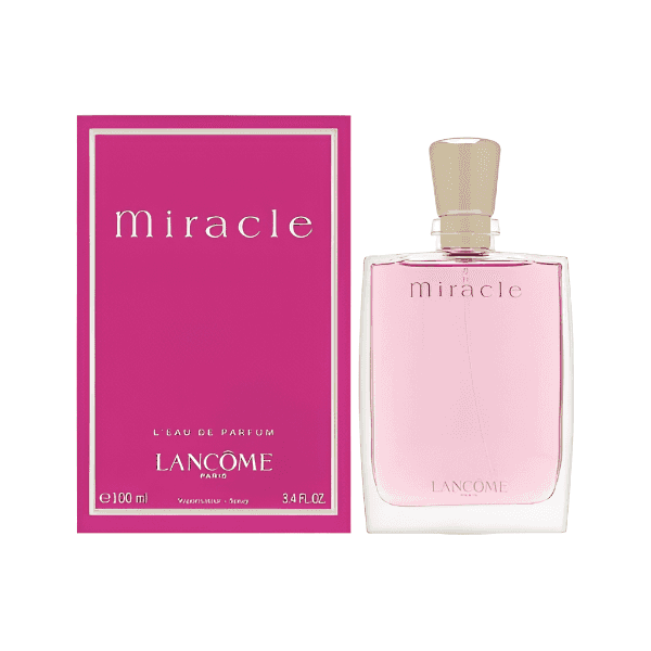 Lancome Miracle Eau de Parfum 100ml bottle and box set in pink and silver, a fresh and spicy floral perfume perfect for women.