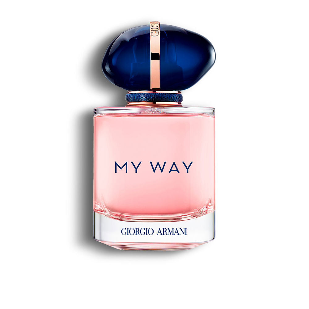 My Way by Armani 90ml Eau de Parfum bottle with pink fragrance and navy blue cap, ideal for women seeking a floral and elegant scent.