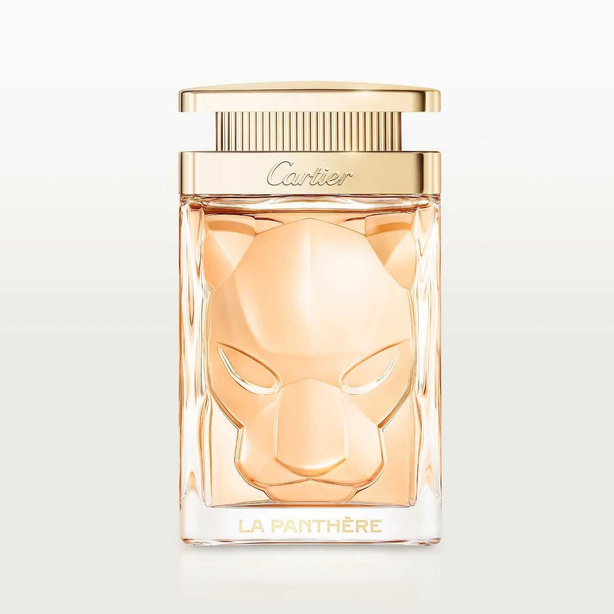 La Panthère Eau de Parfum - 75ml Sensual Floral Chypre Perfume in a sculpted glass bottle with a panther face and gold cap, by Cartier.
