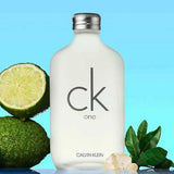 Calvin Klein CK One Eau de Toilette 100ml bottle with lime, green leaves, and resin, highlighting its fresh citrus and green tea notes.