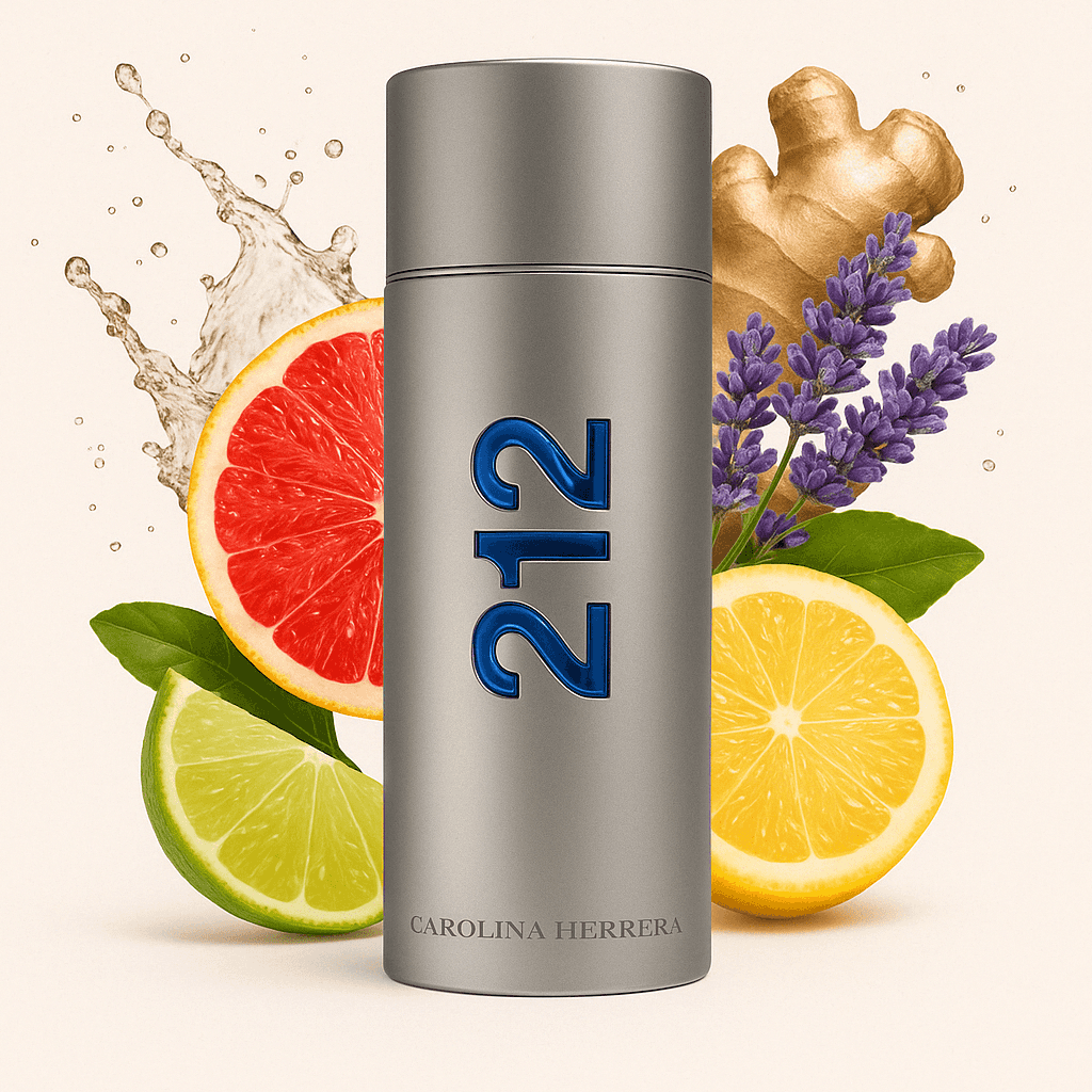 Carolina Herrera 212 Men NYC Eau de Toilette – 100ml bottle surrounded by citrus, ginger, and lavender, highlighting its fresh and spicy scent notes.