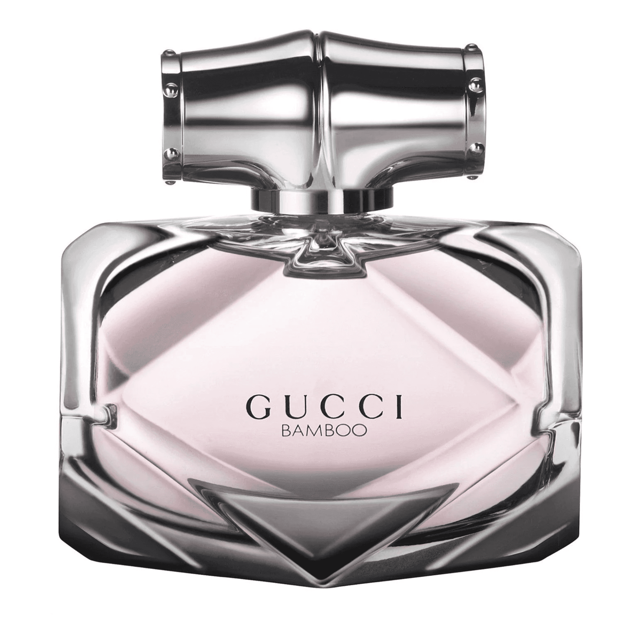 Gucci Bamboo Eau de Parfum 75ml bottle with elegant silver cap and soft pink fragrance, ideal for women seeking a long-lasting floral-woody scent.