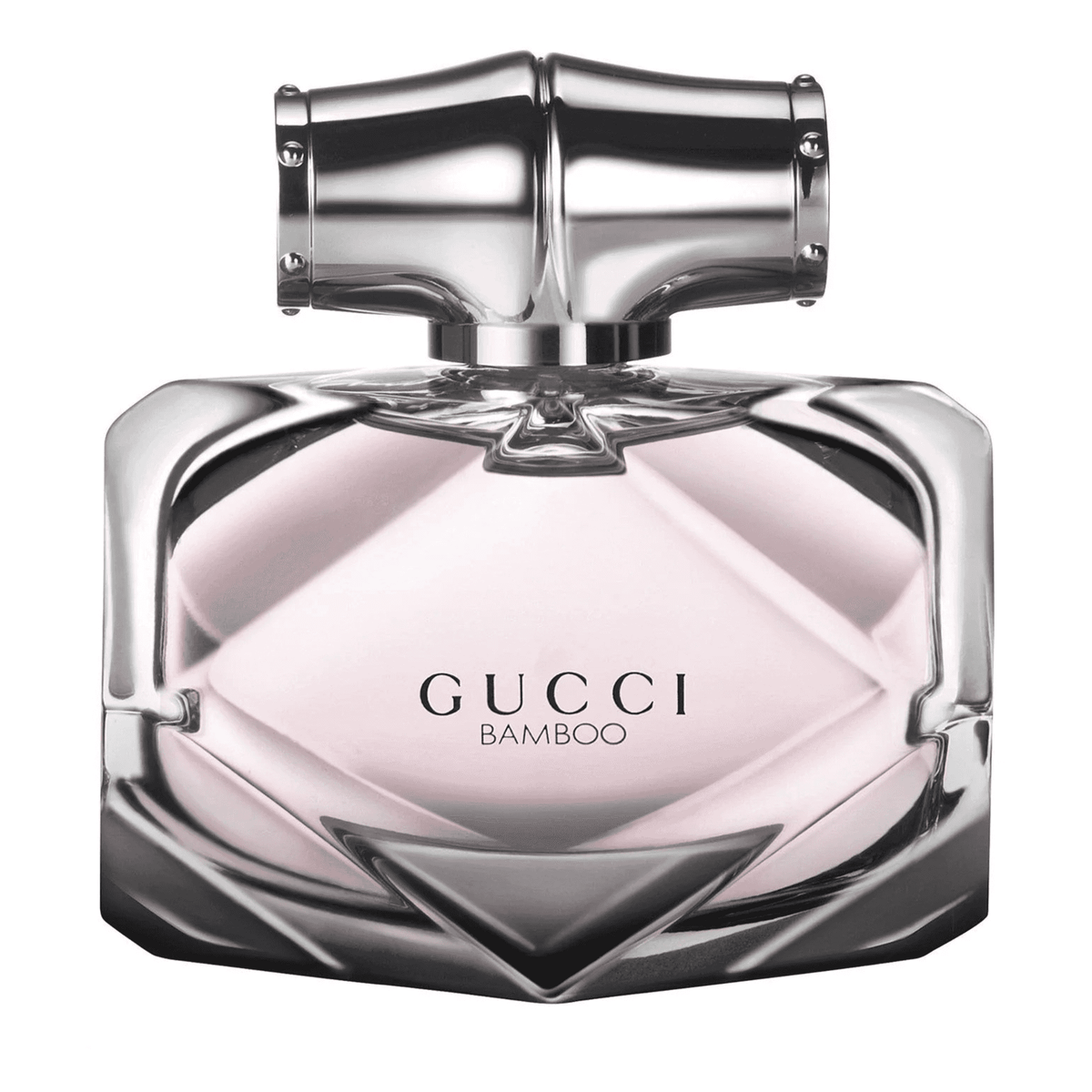 Gucci Bamboo Eau de Parfum 75ml bottle with elegant silver cap and soft pink fragrance, ideal for women seeking a long-lasting floral-woody scent.