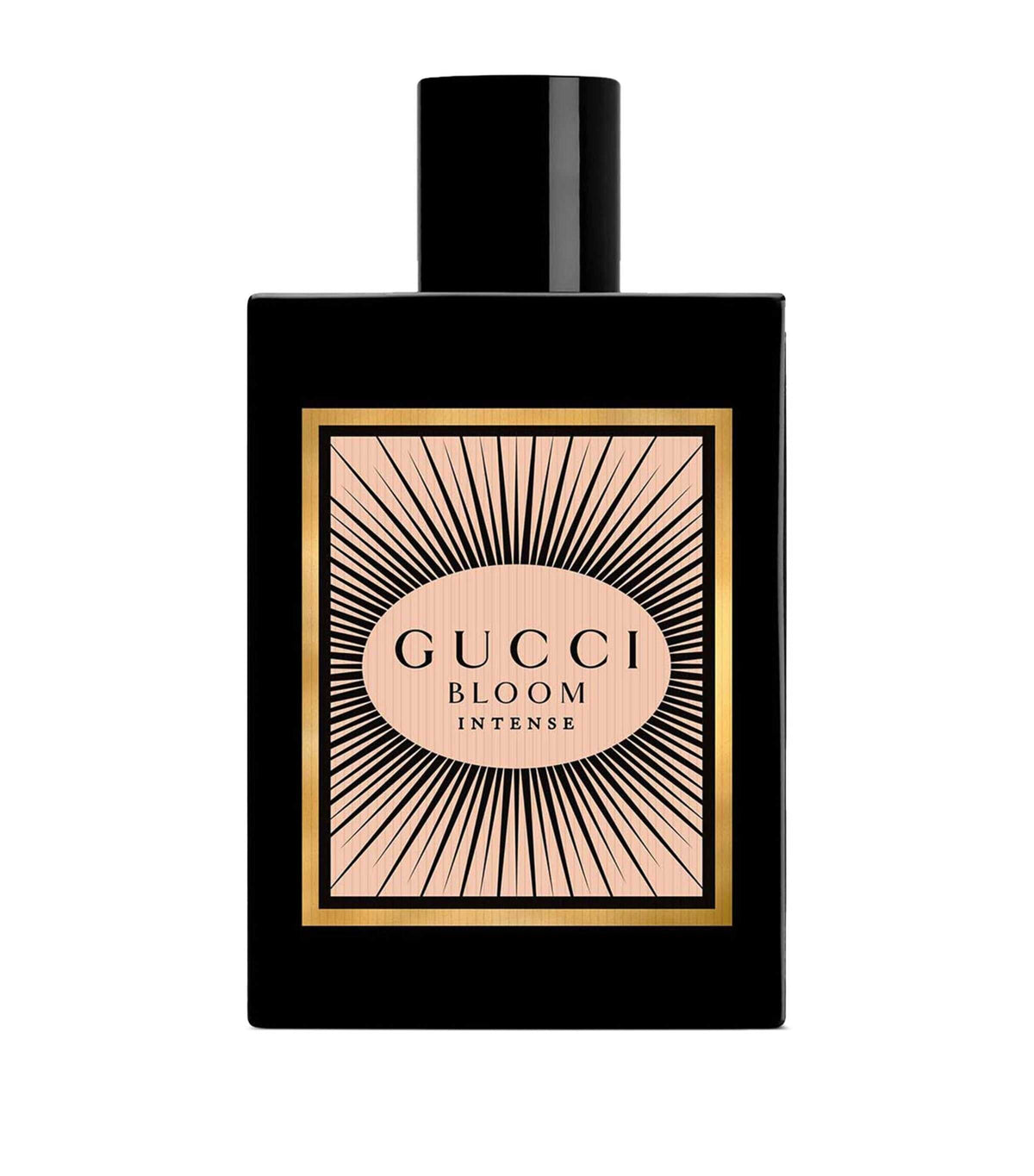 Gucci Bloom Eau de Parfum Intense 100ml in sleek black bottle with radiant floral label, ideal for women seeking sensual white floral elegance.