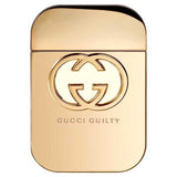 Gucci Guilty Women Eau de Toilette 75ml in a sleek gold bottle with iconic interlocking G logo, ideal for luxury fragrance lovers.