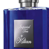 Zoomed-in shot of Imperial Tea by Kilian – Eau de Parfum (50ml) label, emphasizing the refined silver plaque with the fragrance name.