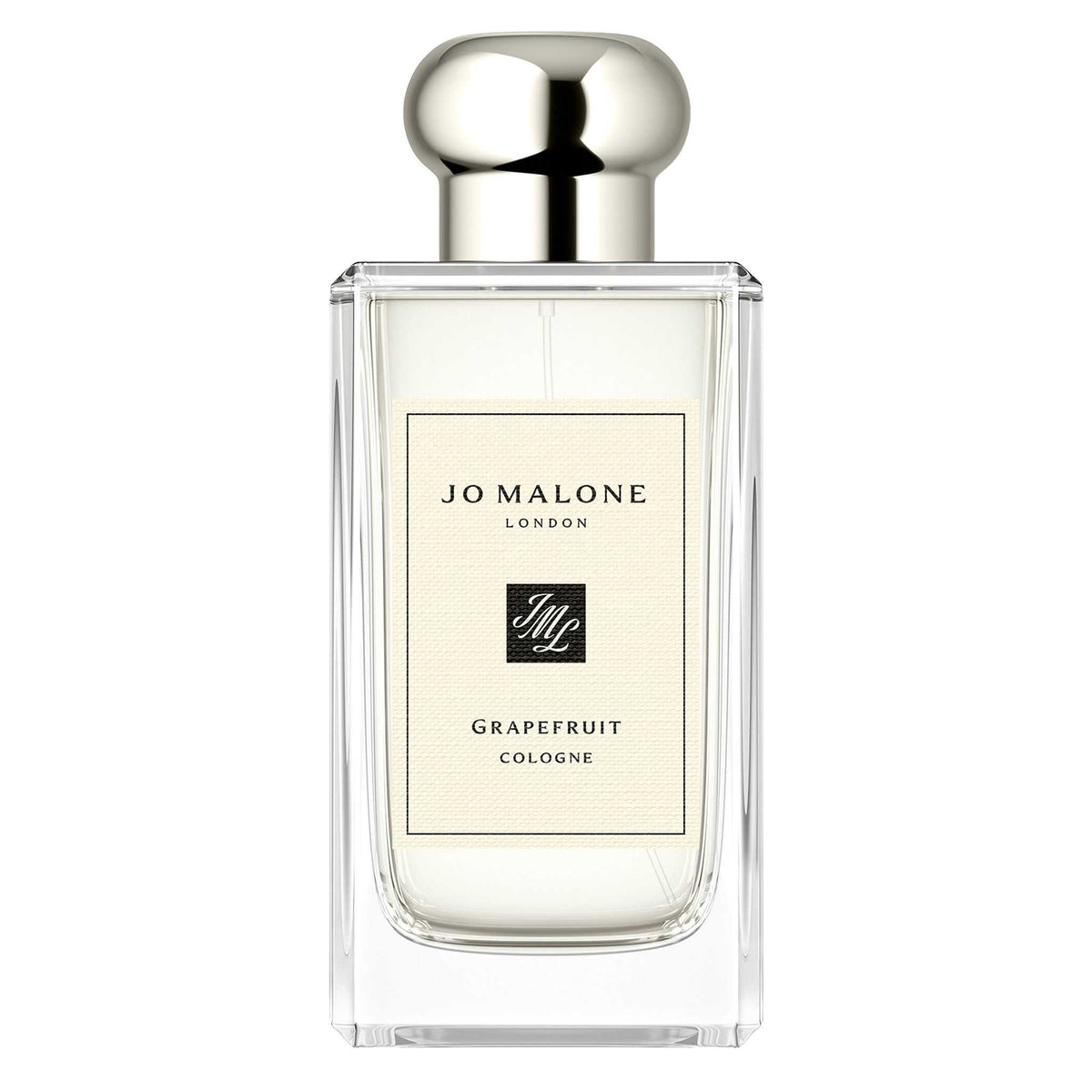Jo Malone Grapefruit Cologne 100ml bottle with sleek transparent glass and silver cap, showcasing a minimalist luxury perfume design.