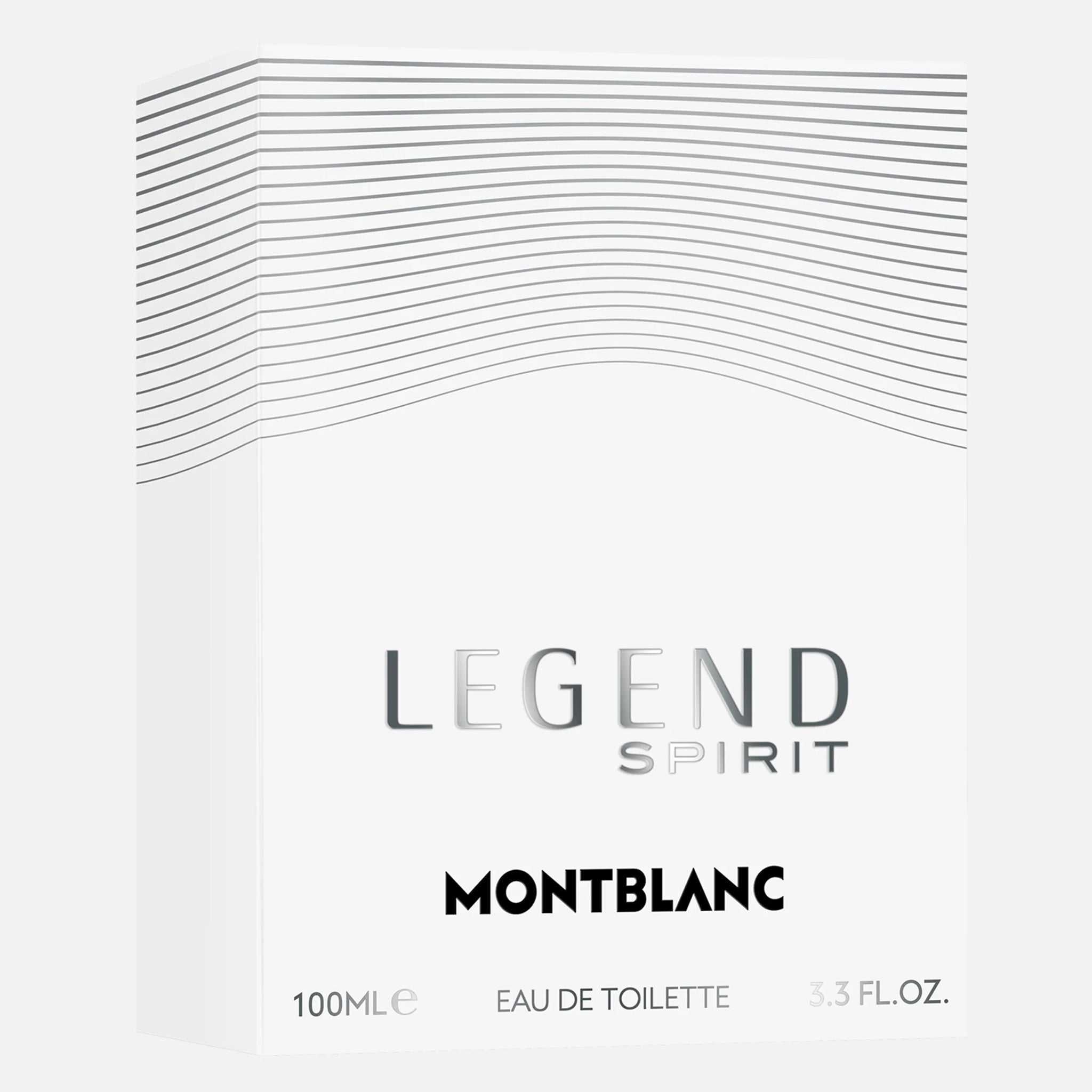 Mont Blanc Legend Spirit Eau de Toilette 100ml box featuring minimalist white design with silver accents, suited for luxury pet fragrance shelves.
