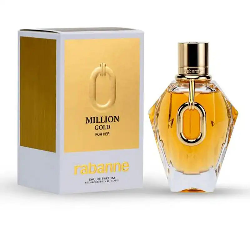 Rabanne Million Gold For Her – Eau de Parfum (90ml) with branded packaging, featuring a gold-accented box and elegant perfume bottle for premium fragrance gifting.