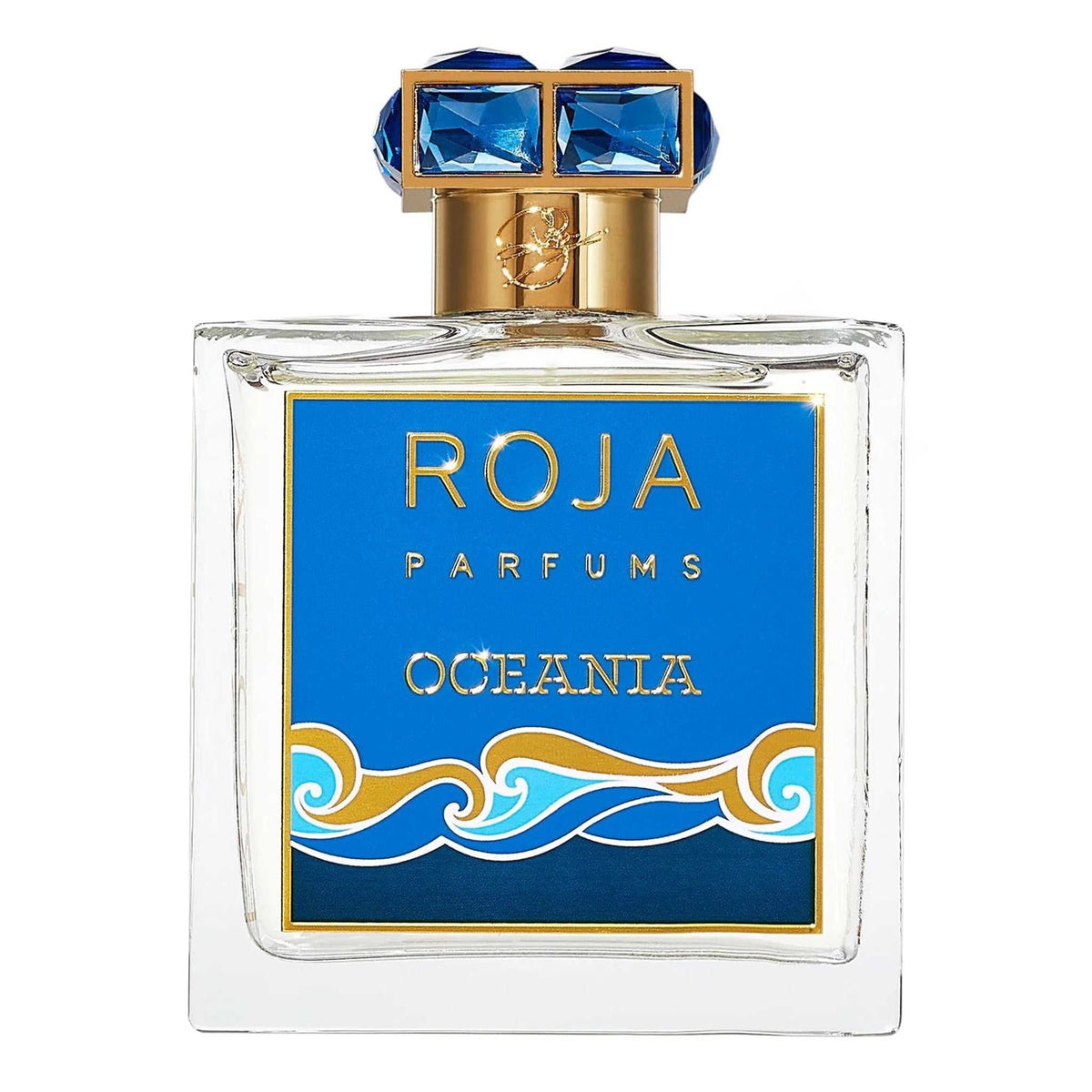 Roja Parfums Oceania – Extrait de Parfum (100ml) in a clear glass bottle with blue and gold ocean-themed label and jewel-like cap.