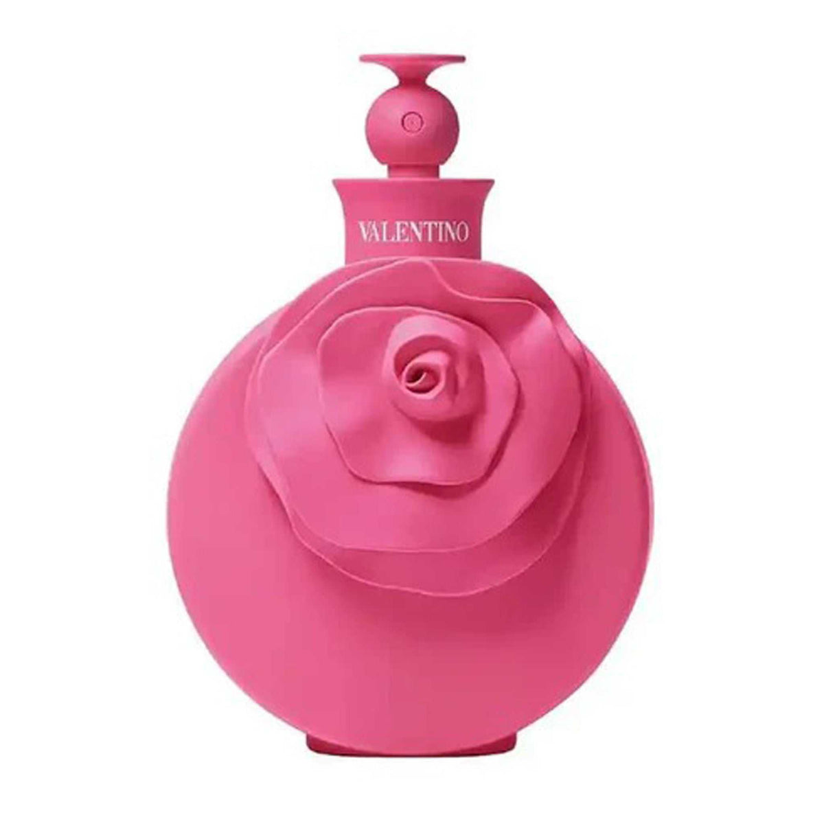 Valentino Valentina Pink Eau de Parfum 80ml in a bold pink bottle with a sculpted rose design, ideal for women seeking a floral-fruity gourmand scent.