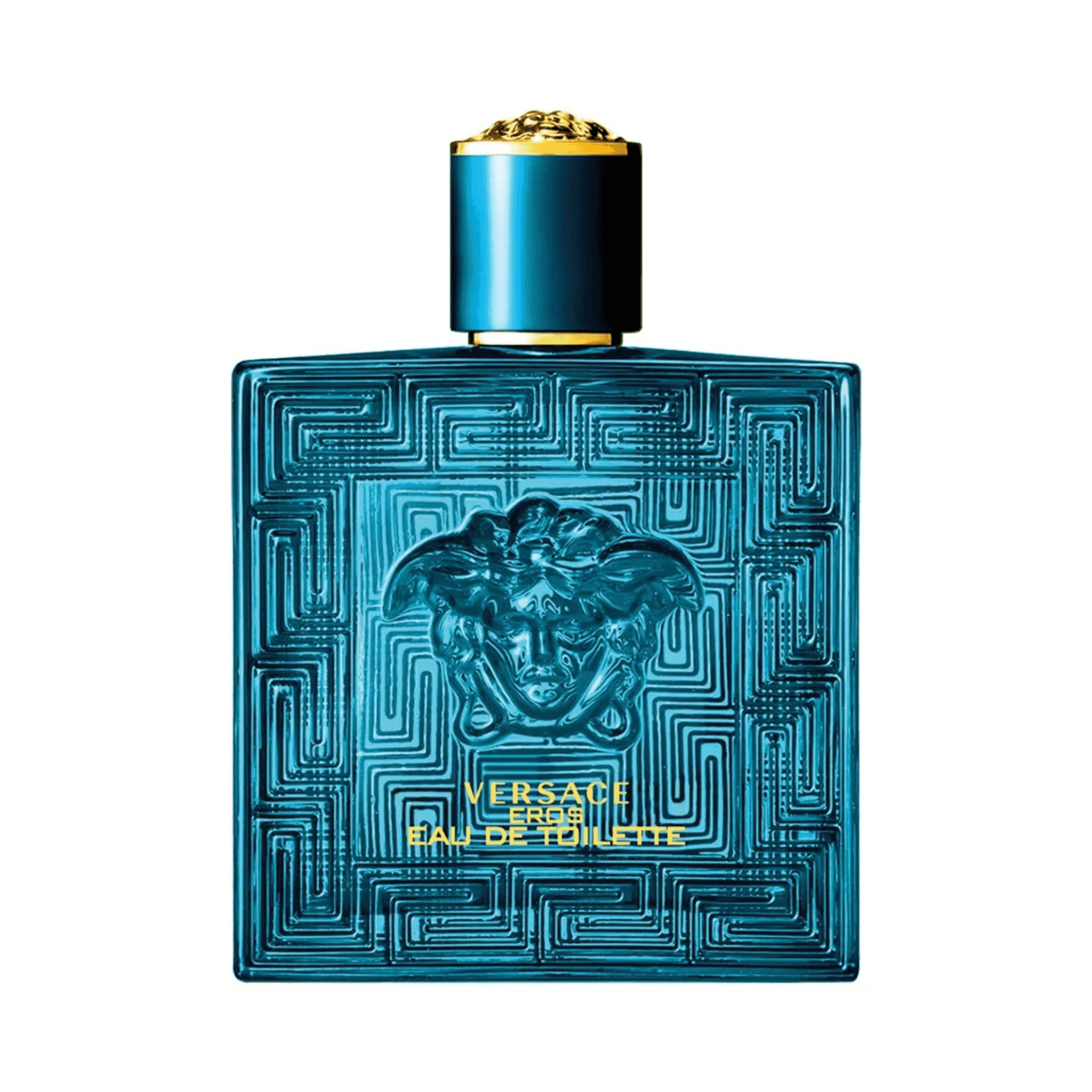 Versace Eros Eau de Toilette 100ml bottle in turquoise with embossed Medusa head, ideal men's fragrance in luxury perfume category.