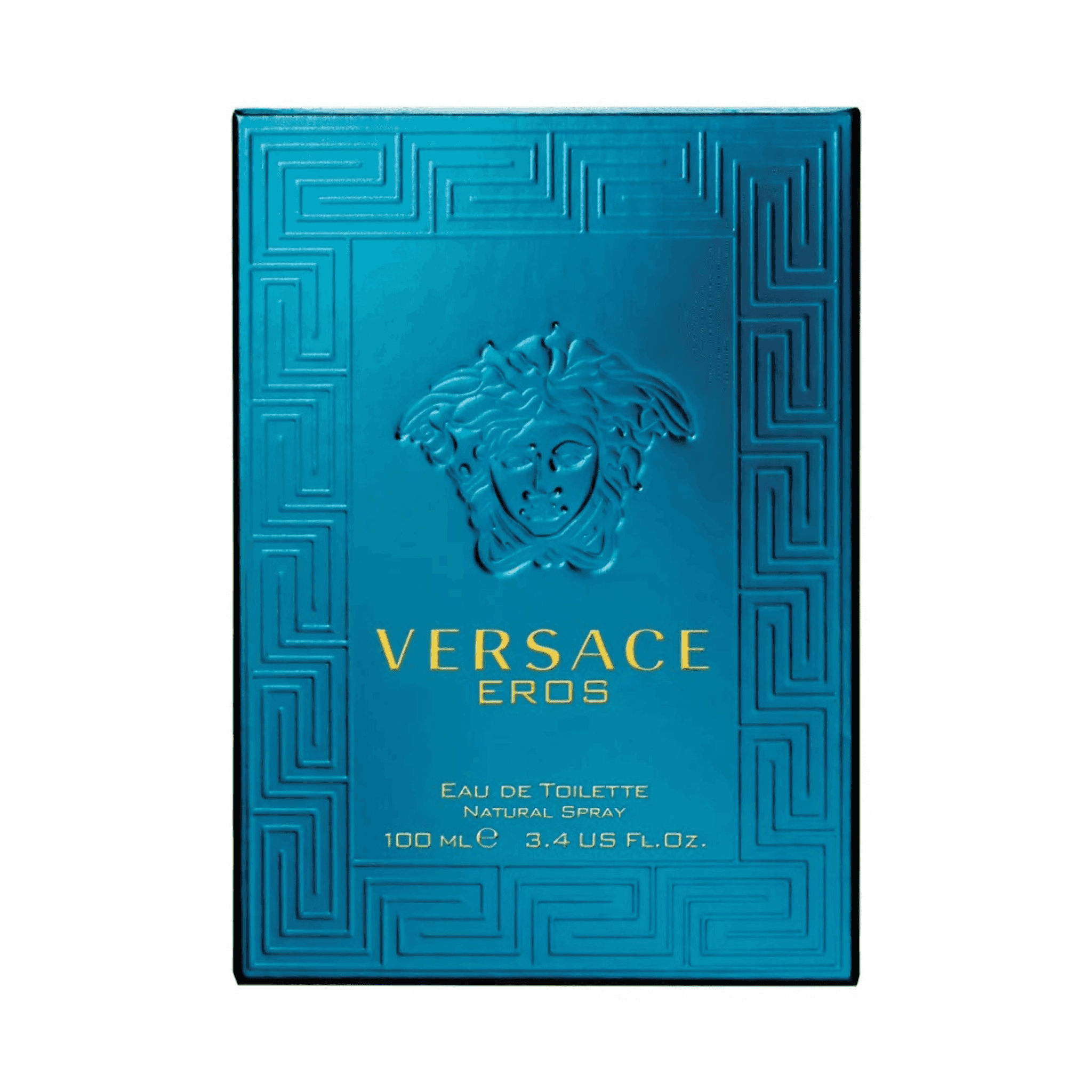Versace Eros Eau de Toilette 100ml box in turquoise with gold accents, premium men's fragrance in health and beauty category.
