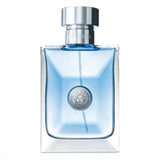 Versace Pour Homme Eau de Toilette 100ml bottle with sleek silver cap and light blue fragrance, showcasing Mediterranean elegance for men.