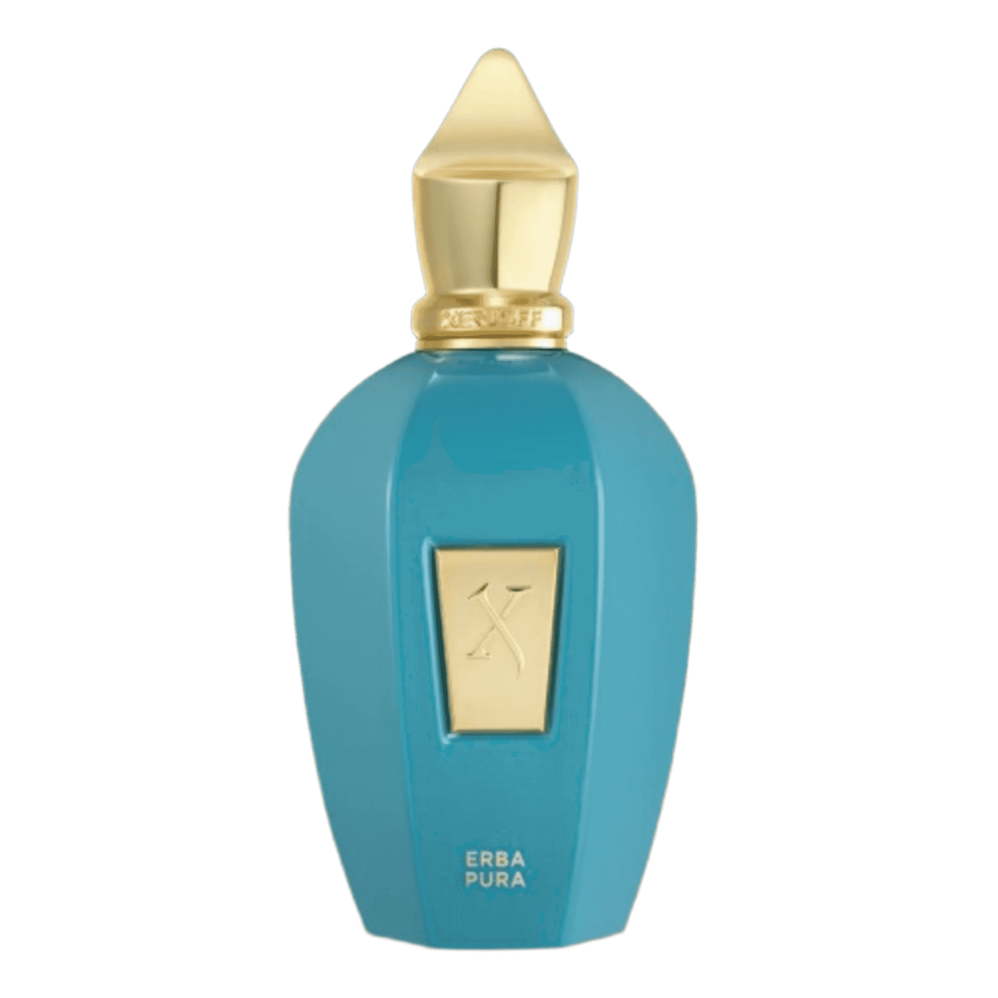 Xerjoff Erba Pura Eau de Parfum 100ml bottle in turquoise with gold cap, luxury unisex fragrance in Health & Beauty category.