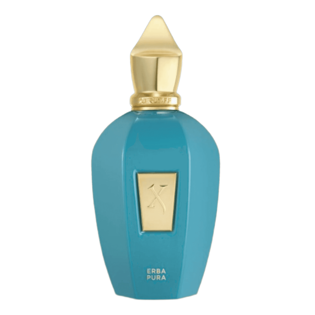 Xerjoff Erba Pura Eau de Parfum 100ml bottle in turquoise with gold cap, luxury unisex fragrance in Health & Beauty category.