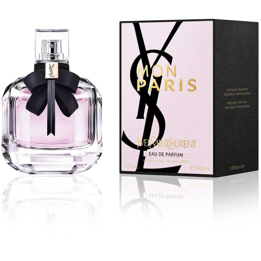 YSL Mon Paris Eau de Parfum 90ml bottle with branded box, ideal for gifting and luxury fragrance lovers in the perfumes category.